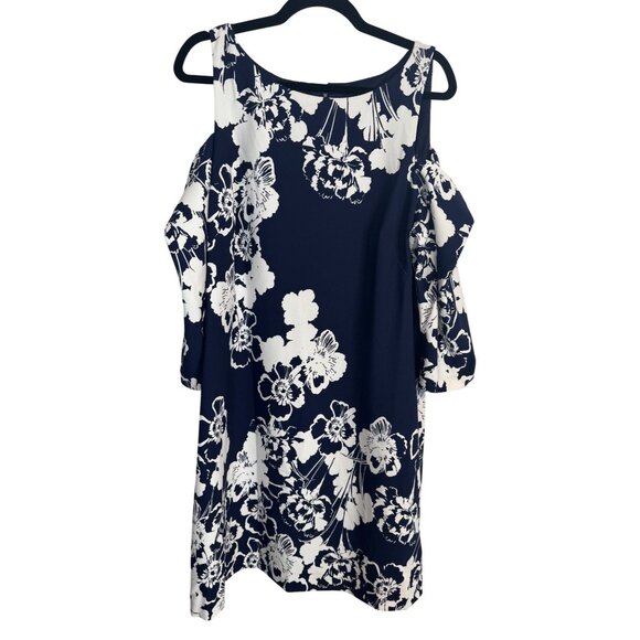 NWOT Jessica Howard Size 18 Navy & White Floral Cold Shoulder Dress Polyester - Picture 9 of 16
